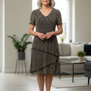 Connected Apparel Black and Tan Layered Midi Dress Excellent Condition